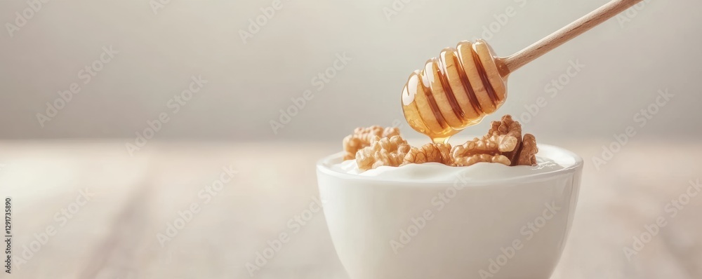Honey Drizzle Over Greek Yogurt with Nuts in Natural Light Honey Drizzle Over Greek Yogurt with Nuts in Natural Light
