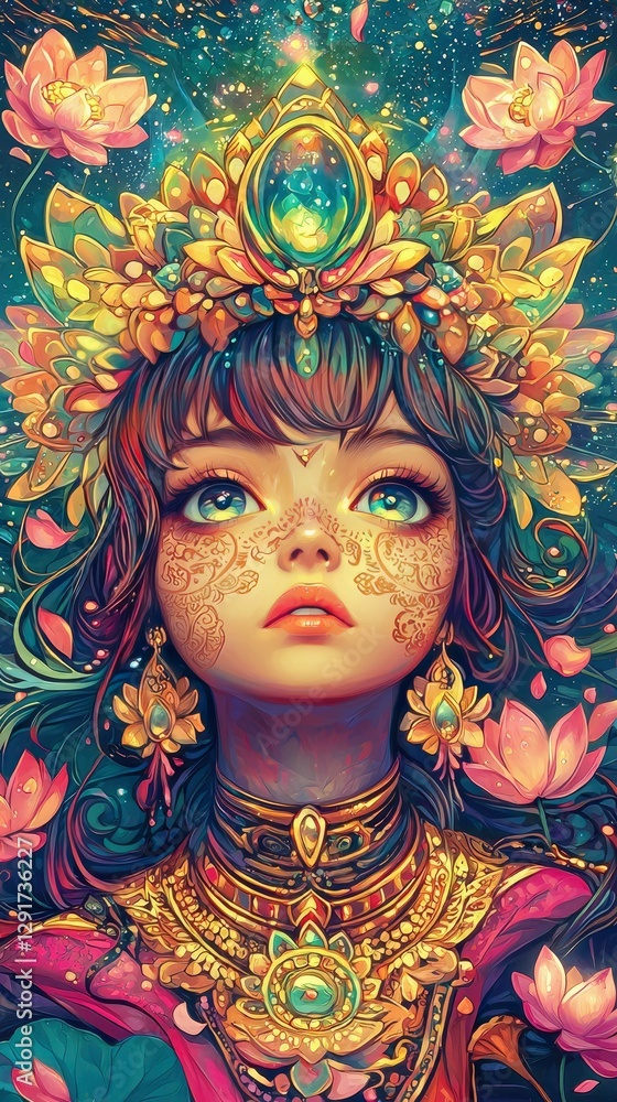 Enchanting Goddess Mystical Digital Art of a Woman Adorned with Jewels and Lotus Flowers Enchanting Goddess Mystical Digital Art of a Woman Adorned with Jewels and Lotus Flowers