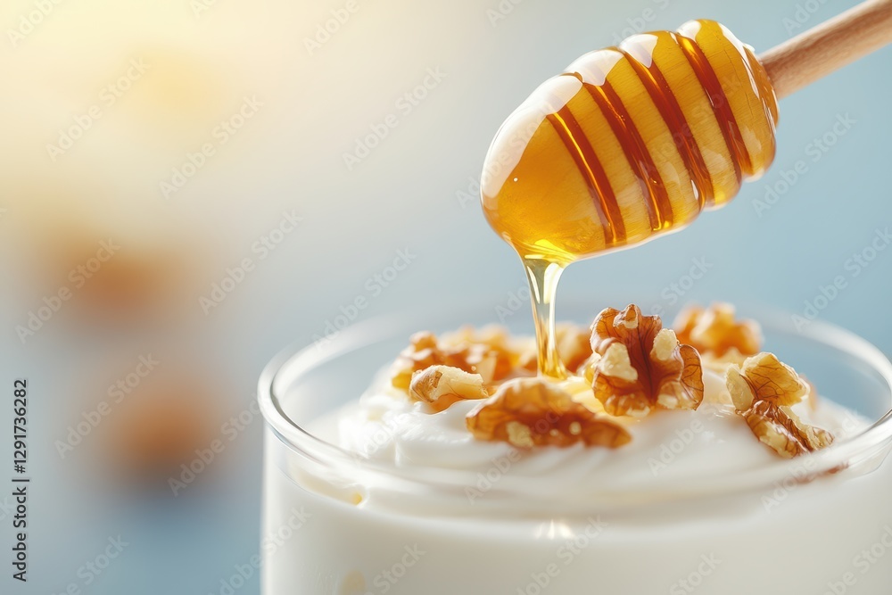 Honey Drizzle over Greek Yogurt with Nuts in Focus Macro Shot Honey Drizzle over Greek Yogurt with Nuts in Focus Macro Shot