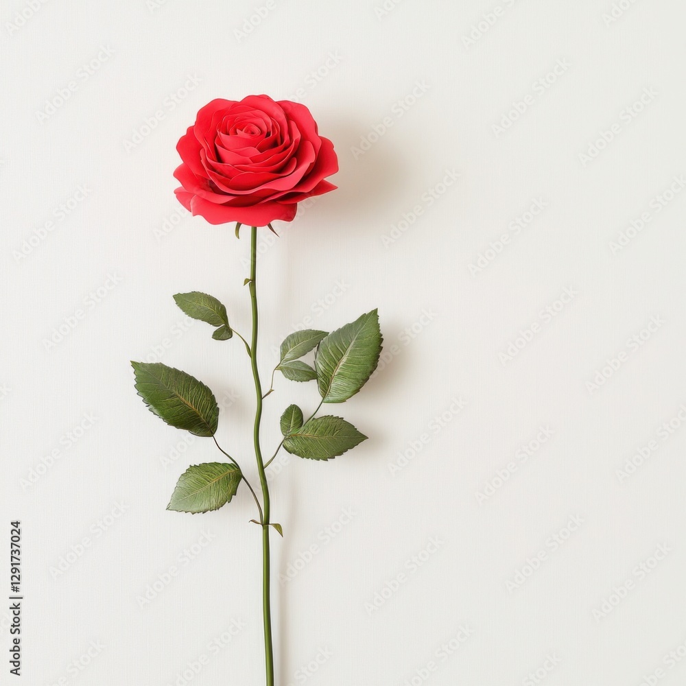 Obraz premium A beautiful red rose stands elegantly against a light background, showcasing its vibrant petals and lush green leaves.