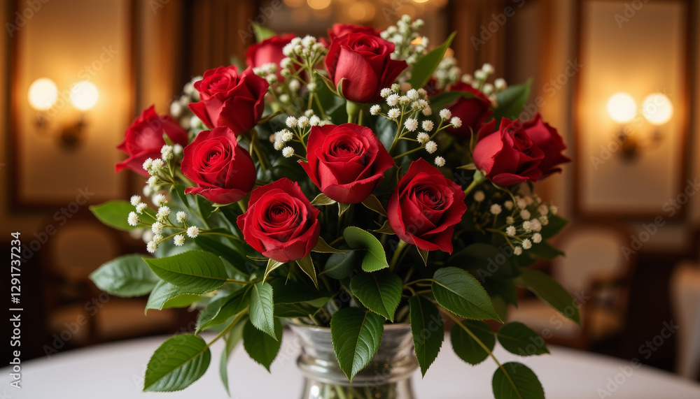 Obraz premium Elegant red rose bouquet in crystal vase, luxurious wedding decor