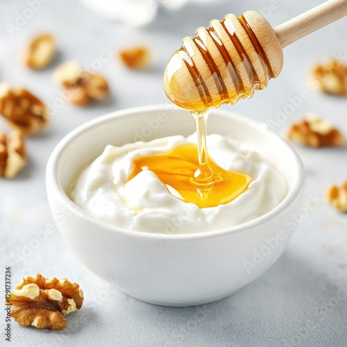 Close-Up Macro Shot of Honey Drizzling Over Creamy Yogurt