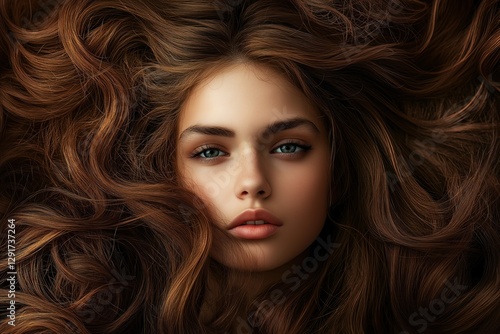 Beautiful woman lying with long brown hair around her face and looking at the camera, top view shot. Advertisement for shampoo and cosmetic brand or Hair care concept.
