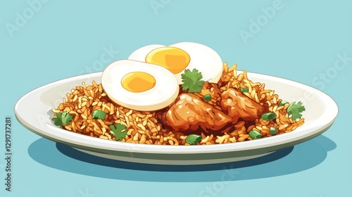 Delicious biryani with eggs on a plate, colorful illustration photo