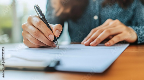Filling Out a Form. Focused shot of an individual's hand using a pen to fill out a document on a desk. Close-up angle, clear focus on the writing.