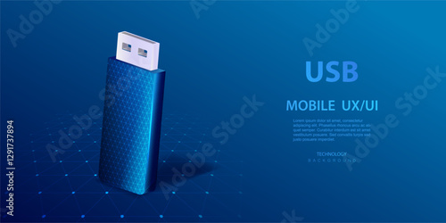 wireframe USB flash drive, memory pendrive usb, 3d icon vector, futuristic technology dark blue background