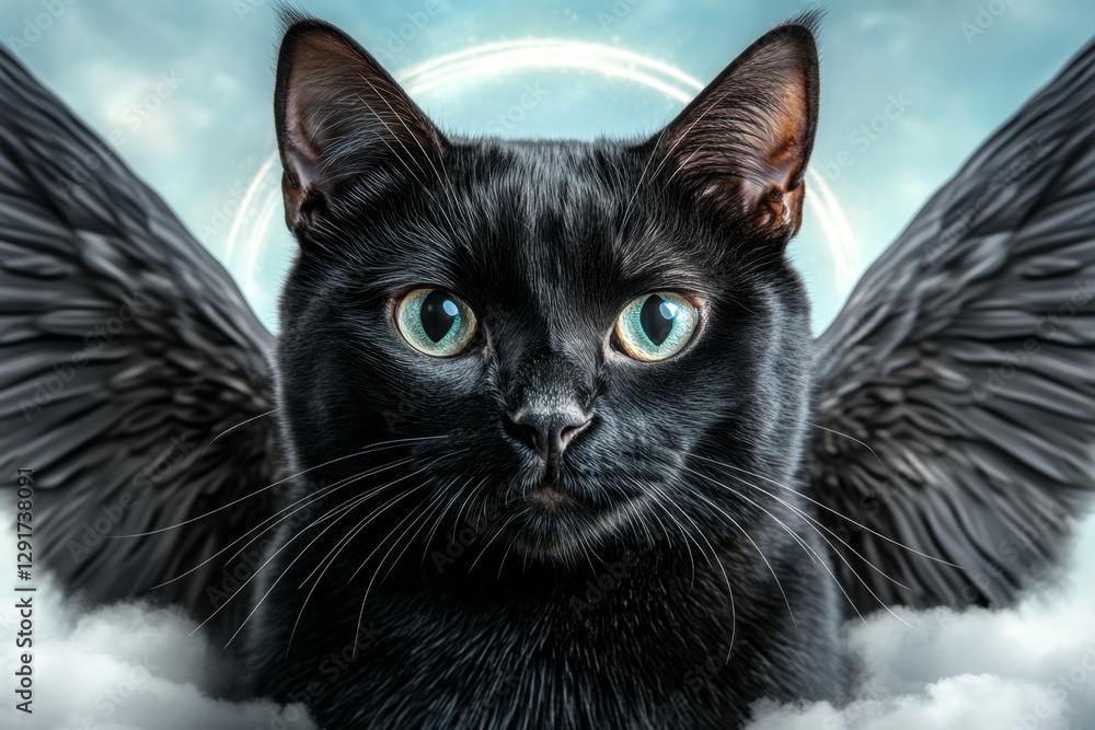 A black cat with angel wings and a halo, floating in the clouds. The image is photo-realistic, in a fantasy style, with a front view. The background features white mist, soft lighting, volumetric A black cat with angel wings and a halo, floating in the clouds. The image is photo-realistic, in a fantasy style, with a front view. The background features white mist, soft lighting, volumetric