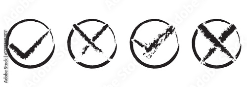 Tick and cross vector. Brush stroke of yes and no button. Check mark and cross icon set illustration. Check marks doodle set. Voting elements. Yes or no signs and square, rectangular or round checkbox
