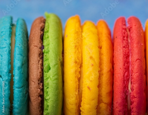 Primer plano de gruesas galletas dispuestas en filas simulando el arcoiris, mostrando su textura y patrones. El fondo es neutro para resaltar los detalles de cada cookie. alta resolución y alta calida photo