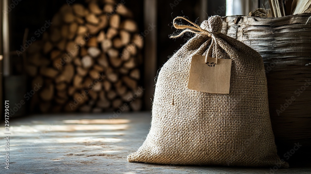 Rustic burlap sack, firewood pile, barn interior Rustic burlap sack, firewood pile, barn interior