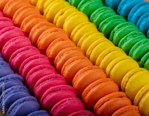 Primer plano de gruesas galletas dispuestas en filas simulando el arcoiris, mostrando su textura y patrones. El fondo es neutro para resaltar los detalles de cada cookie. alta resolución y alta calida photo