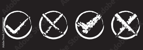 Tick and cross vector. Brush stroke of yes and no button. Check mark and cross icon set illustration. Check marks doodle set. Voting elements. Yes or no signs and square, rectangular or round checkbox