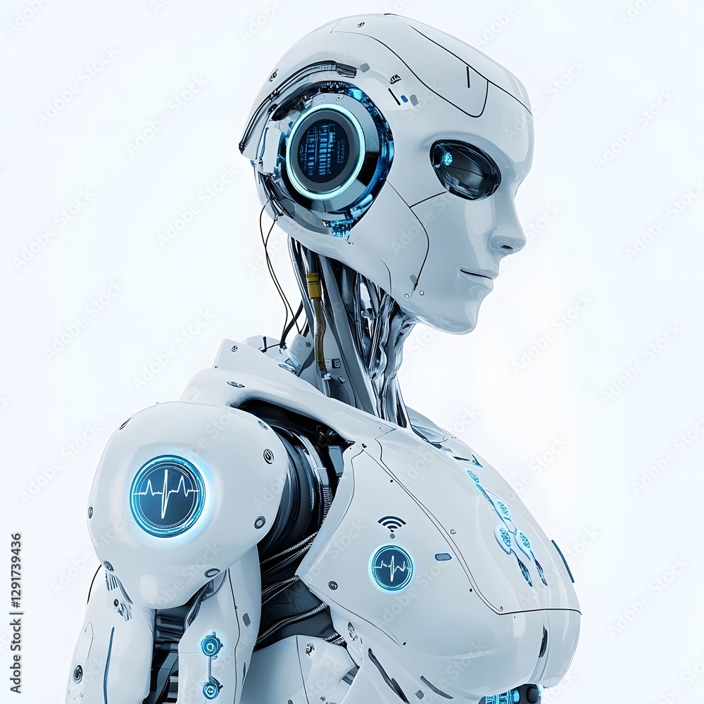 Futuristic humanoid robot with sleek design and glowing accents, standing against a minimal background Futuristic humanoid robot with sleek design and glowing accents, standing against a minimal background