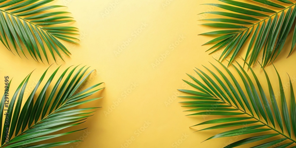Fototapeta premium Tropical Paradise Four Lush Palm Fronds Arranged on a Sunny Yellow Background, Creating a Vibrant and Relaxing Summer Scene