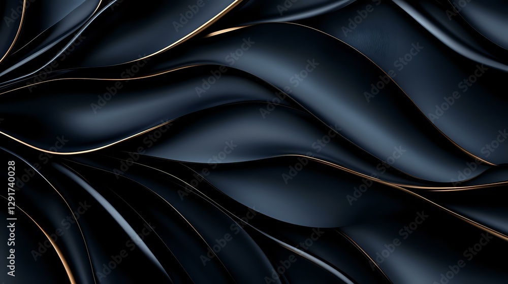 Obraz premium Luxurious black waves with golden edges create elegant abstract background pattern. Dark flowing curves form sophisticated modern design texture for premium layouts.