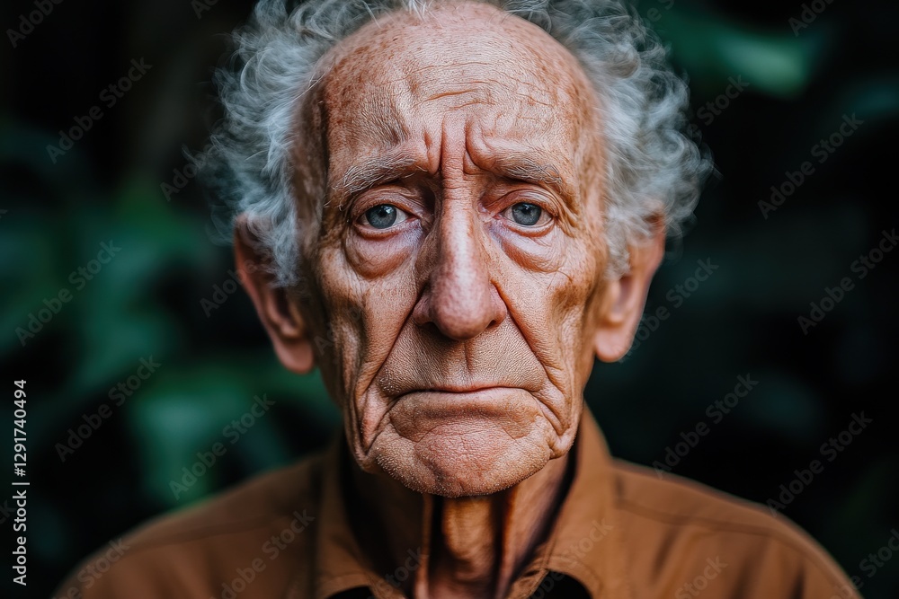 Elderly man with deep wrinkles gazes thoughtfully at the camera in a lush green setting during daylight hours Elderly man with deep wrinkles gazes thoughtfully at the camera in a lush green setting during daylight hours