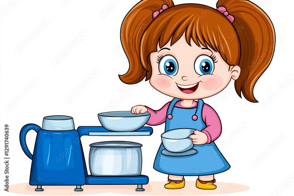 a 2D cartoon illustration of a girl playing with a toy kitchen set, imaginative and happy, white background a 2D cartoon illustration of a girl playing with a toy kitchen set, imaginative and happy, white background