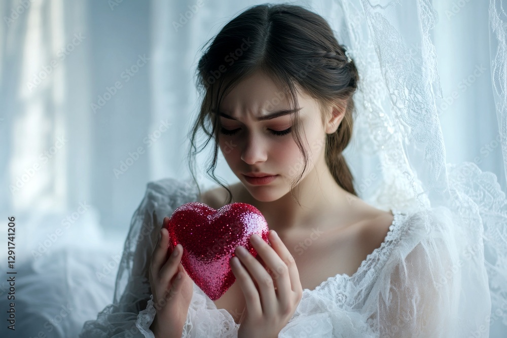 Sign of love and affection. Commercial promotion creative design idea. Youth valentine's day greeting card: young woman with dejected face holds red heart in hands. Couple's love moments. Sign of love and affection. Commercial promotion creative design idea. Youth valentine's day greeting card: young woman with dejected face holds red heart in hands. Couple's love moments.