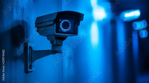 Security camera mounted on wall at night.