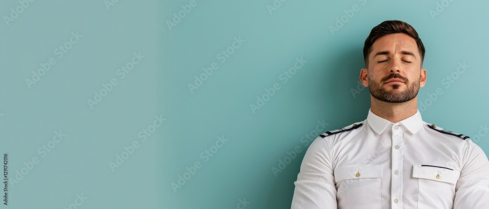 Fototapeta premium Calm Man in White Shirt Eyes Closed Teal Background Relaxed Pose Studio Shot