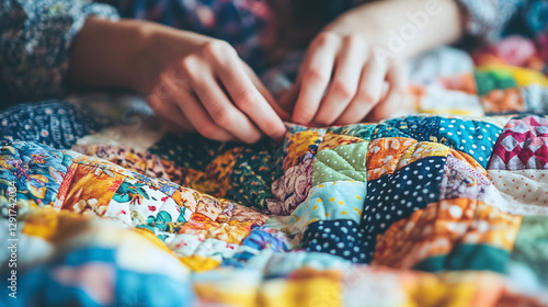 A person's hands delicately stitch together a colorful patchwork quilt, creating a warm and cozy homemade creation with intricate patterns and textures.
