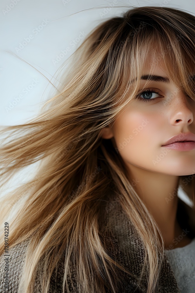 Young woman with flowing blonde hair and natural makeup wearing knit sweater, captured in soft light with windswept styling for beauty and fashion advertising. Young woman with flowing blonde hair and natural makeup wearing knit sweater, captured in soft light with windswept styling for beauty and fashion advertising.