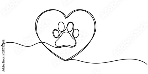 Dog or cat paw footprint and heart in continuous one line drawing of minimal out line art. Animal in heart Pets love concept abstract drawing, Dog and cat paw hearts drawn in one continuous line. Dog