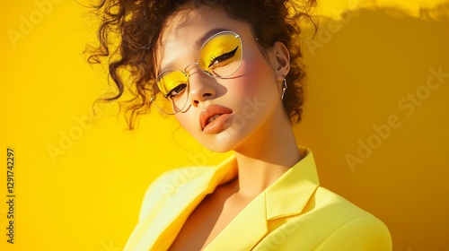 Bright Yellow Fashion Statement Captures Model Posing Confidently Against a Vibrant Background While Showcasing Bold Makeup and Stylish Attire