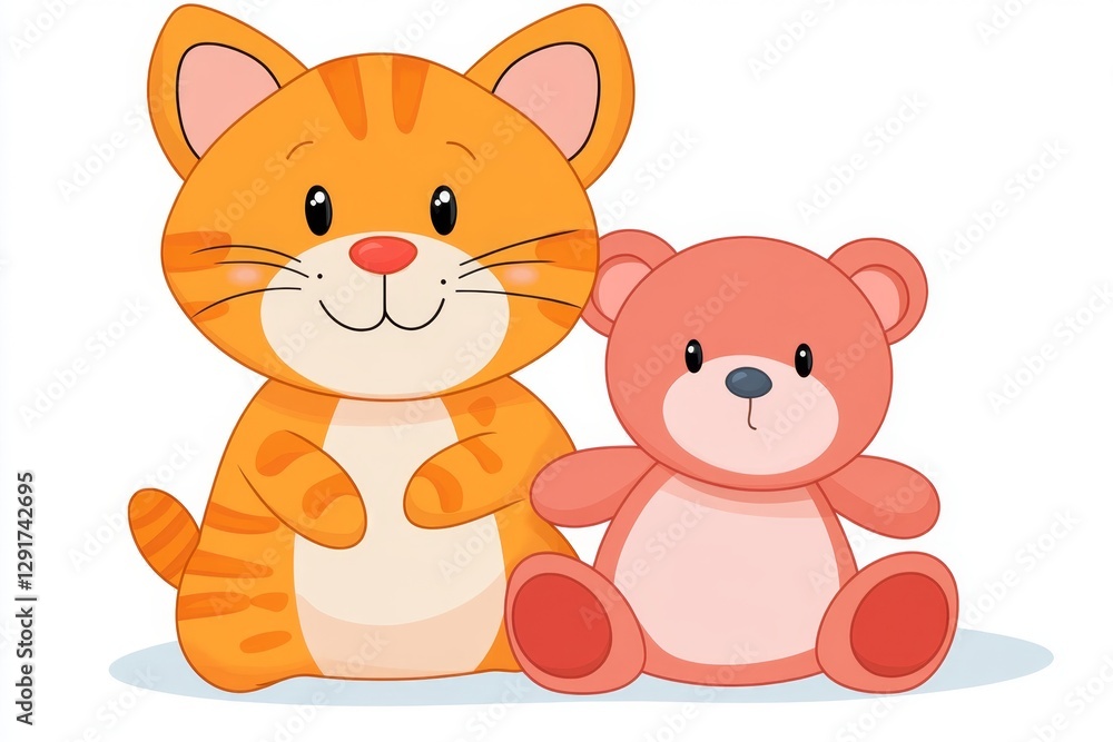 a 2D cartoon illustration of a kitten cuddling with a teddy bear, cute and sweet, white background a 2D cartoon illustration of a kitten cuddling with a teddy bear, cute and sweet, white background