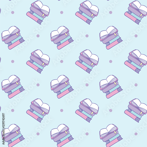 A seamless digital pattern featuring pastel-colored stacks of books, some open, on a light blue background with polka dots, perfect for education-themed designs, Vector Illustration