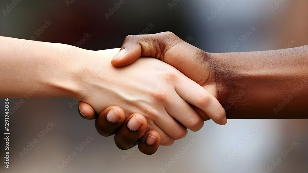 A close-up of two hands of different skin tones shaking hands, symbolizing unity and cooperation. Concept Diversity in Cooperation, Unity Through Diversity, Hands Shaking Symbolism A close-up of two hands of different skin tones shaking hands, symbolizing unity and cooperation. Concept Diversity in Cooperation, Unity Through Diversity, Hands Shaking Symbolism