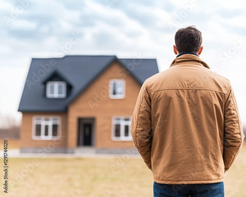 Man Admiring New Suburban Home Exterior Dream House Real Estate
