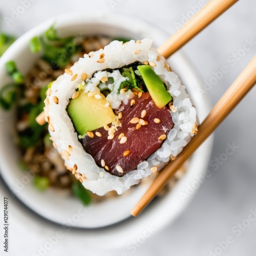 Overhead View of Homemade Sushi Roll with Fresh Ingredients