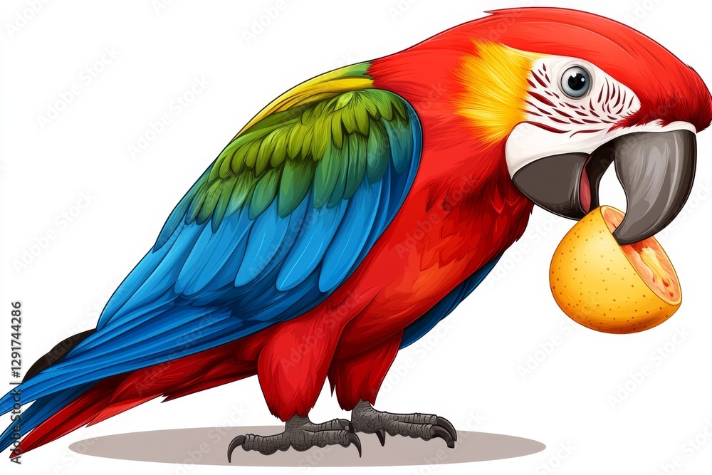 Fototapeta premium a 2D cartoon illustration of a parrot eating fruit, colorful and playful, white background