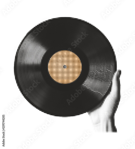 Hand Holding Vinyl Record Disc Retro Music Halftone Effect Retro Vector Illustration