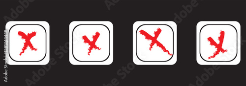 check mark, cross, x mark icon set in green, red, and black colors, Hand drawn right and wrong vector sign in circle brush stroke outline shape. tick mark symbol and x cross sign in brush style