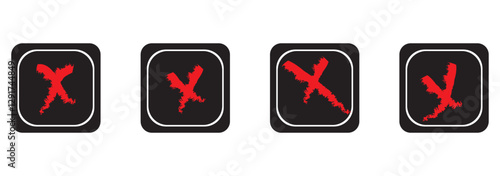 check mark, cross, x mark icon set in green, red, and black colors, Hand drawn right and wrong vector sign in circle brush stroke outline shape. tick mark symbol and x cross sign in brush style