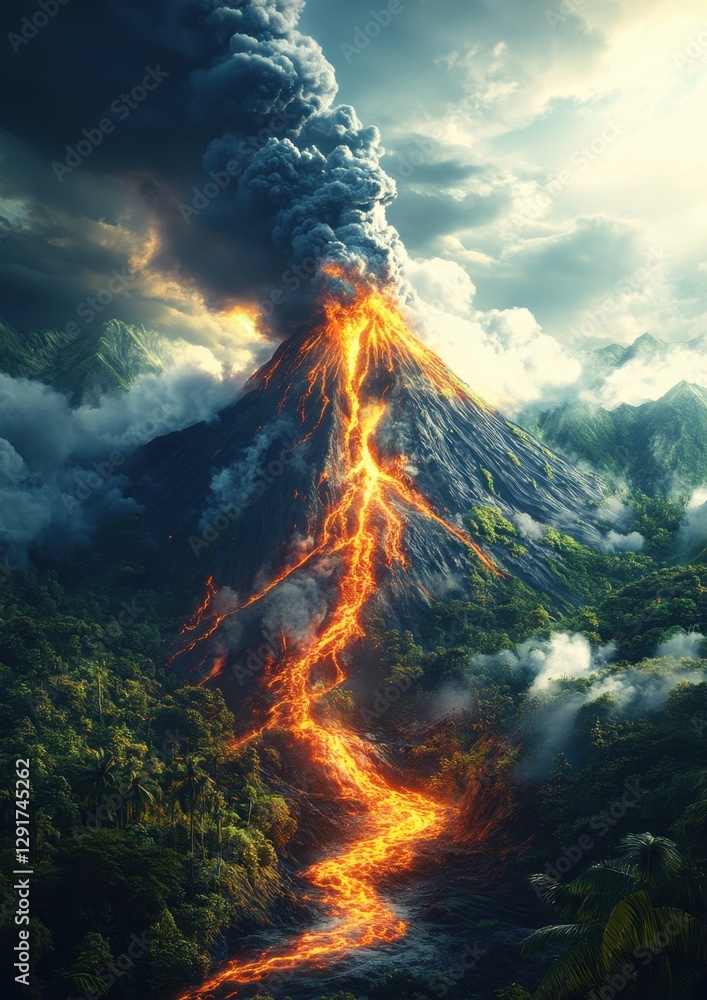 Fototapeta premium Erupting volcano towards dense forest with fiery lava flow and billowing smoke against dramatic sky