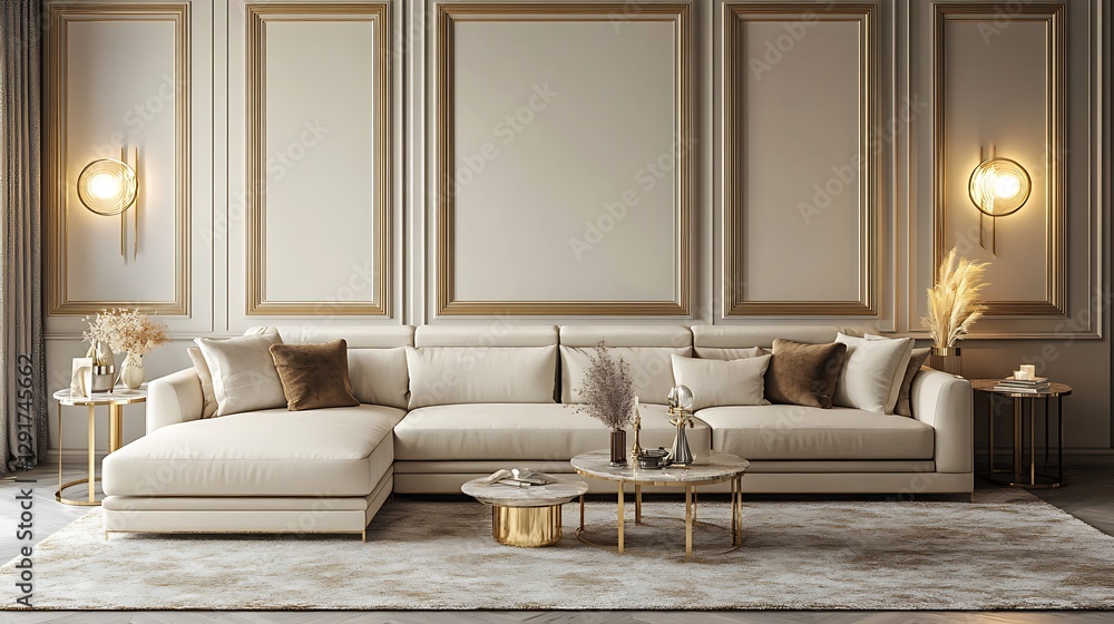 Fototapeta premium Beautiful Modern Living room Interior with furniture's ,mockup frame , posters, wall -3d Rendering