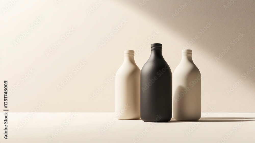 Sleek black bottles with beige and white shades, set against a clean background for product photography. The minimalist design of these milk bottles creates an elegant display Sleek black bottles with beige and white shades, set against a clean background for product photography. The minimalist design of these milk bottles creates an elegant display