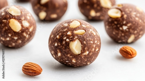 Ultra Detailed View of Raw Cacao Energy Balls on White Background