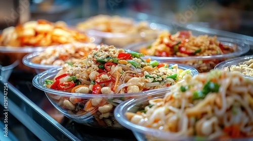 Asian noodle bowls displayed on a market shelf photo