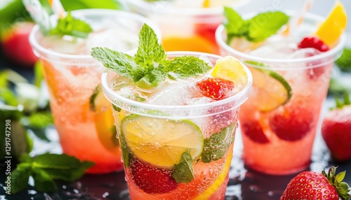 Cool And Refreshing Summer Beverages: Ed Lemonades, Mojito, And Strawberry Served In Plastic Cups With Ice For Convenient Take Away.