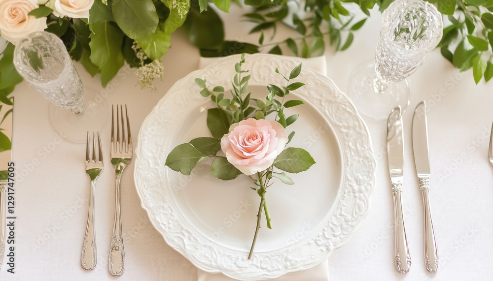 Elegant Table Setting With White Plate, Pink Rose, Greenery, Silverware, And Napkin For A Serene Dining Experience Elegant Table Setting With White Plate, Pink Rose, Greenery, Silverware, And Napkin For A Serene Dining Experience