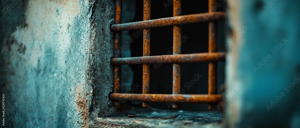 Rusty bars set within a weathered concrete window frame evoke a sense of historical hardship and resilience. Rusty bars set within a weathered concrete window frame evoke a sense of historical hardship and resilience.