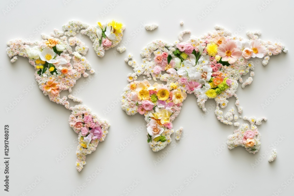 Floral representation of a world map created with various flowers in pastel colors displayed on a soft background focusing on nature's beauty and creativity