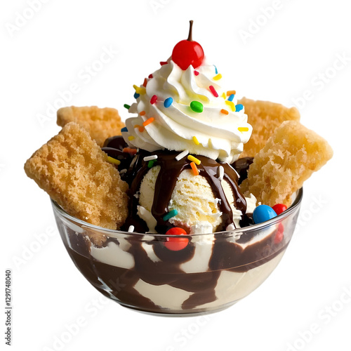 Bowl of Ice Cream Sundae with Whipped Cream, Chocolate Sauce and Candy Sprinkles on transparent background