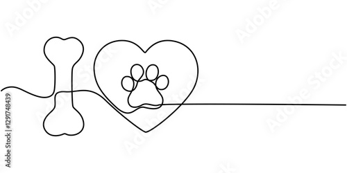 Heart, animal paw, bone in one line. Doodle icons of pet shop goods for animals. Love concept. Vector, Love dog sign . I love text with red heart, paw print and dog bone, Heart and pet paw print dog.