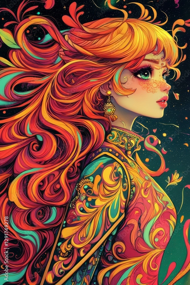 Whimsical Woman with Flowing Hair and Ornate Clothing in Vibrant Colors Whimsical Woman with Flowing Hair and Ornate Clothing in Vibrant Colors