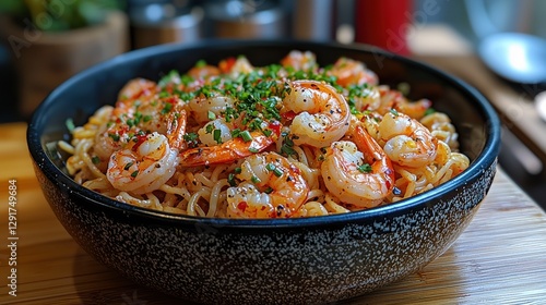 Pasta with shrimps and vegetables